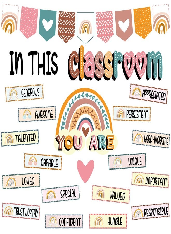 VABAMNA 32pcs Classroom Bulletin Board Decorations Set - Boho Rainbow Motivational Words Cutouts Bulletin Decorations for Teachers School Classroom Bulletin Board - Image 1