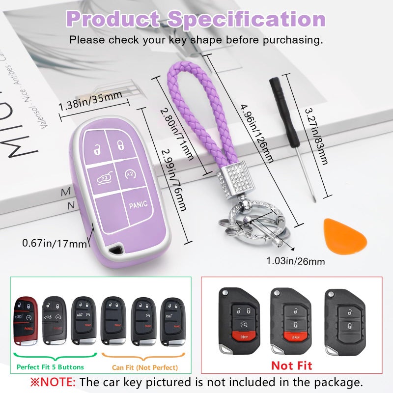 PIFOOG Key Fob Cover for Jeep Cherokee Grand Cherokee Compass Renegade Accessories Purple Bling Keychain 5 Button Car Keys Case Shell Full Covers Protector Cute TPU Women Girly - Image 2