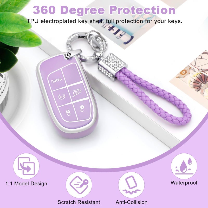 PIFOOG Key Fob Cover for Jeep Cherokee Grand Cherokee Compass Renegade Accessories Purple Bling Keychain 5 Button Car Keys Case Shell Full Covers Protector Cute TPU Women Girly - Image 3