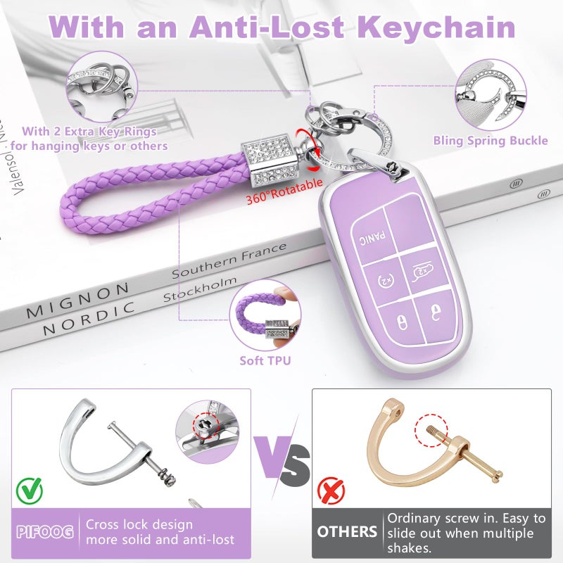 PIFOOG Key Fob Cover for Jeep Cherokee Grand Cherokee Compass Renegade Accessories Purple Bling Keychain 5 Button Car Keys Case Shell Full Covers Protector Cute TPU Women Girly - Image 5