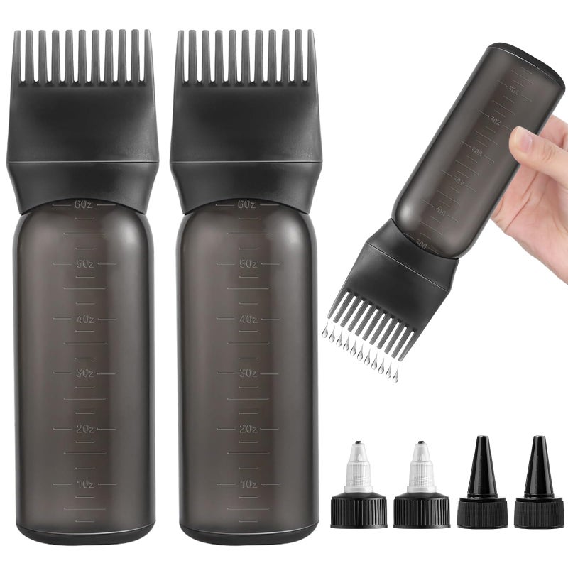 FXSPLCZ 2 Pack Root Comb Applicator Bottle Hair Oil Applicator Hair Color Bottle with 4 Caps for Women Scalp Hair Dye Tools, Black - Image 1