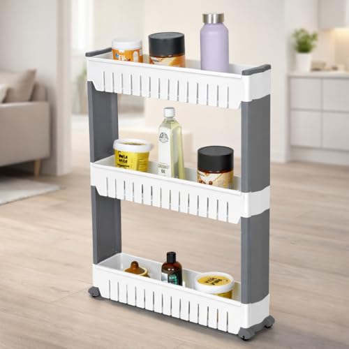 FLIPZON Slim Rolling Storage Rack – 3-Tiered Shelf Plastic Slide-Out Organizer | Space-Saving, Multipurpose | for Kitchen, Bathroom, Laundry, Pantry & Utility Storage | Floor Standing | White & Grey - Image 1