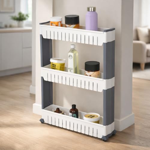 FLIPZON Slim Rolling Storage Rack – 3-Tiered Shelf Plastic Slide-Out Organizer | Space-Saving, Multipurpose | for Kitchen, Bathroom, Laundry, Pantry & Utility Storage | Floor Standing | White & Grey - Image 3