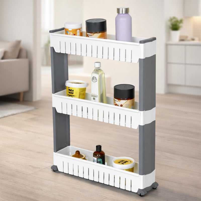 FLIPZON Slim Rolling Storage Rack – 3-Tiered Shelf Plastic Slide-Out Organizer | Space-Saving, Multipurpose | for Kitchen, Bathroom, Laundry, Pantry & Utility Storage | Floor Standing | White & Grey - Image 5