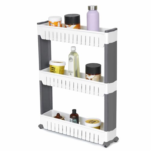 FLIPZON Slim Rolling Storage Rack – 3-Tiered Shelf Plastic Slide-Out Organizer | Space-Saving, Multipurpose | for Kitchen, Bathroom, Laundry, Pantry & Utility Storage | Floor Standing | White & Grey - Image 2