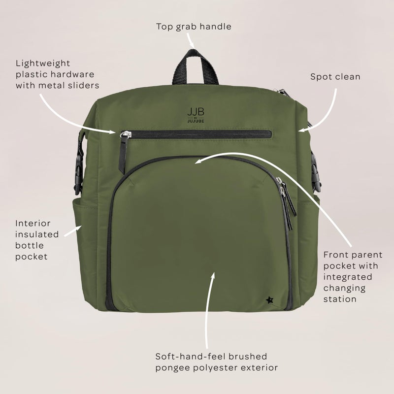 JuJuBe JJB by JuJuBe Modern Diaper Bag Backpack with Portable Changing Pad, Stroller Straps, Large Travel Backpack for Boy or Girl, Carrying Baby Bottles, Wipes, Diapers, Pacifiers, Olive, Mother's Day Gift - Image 3