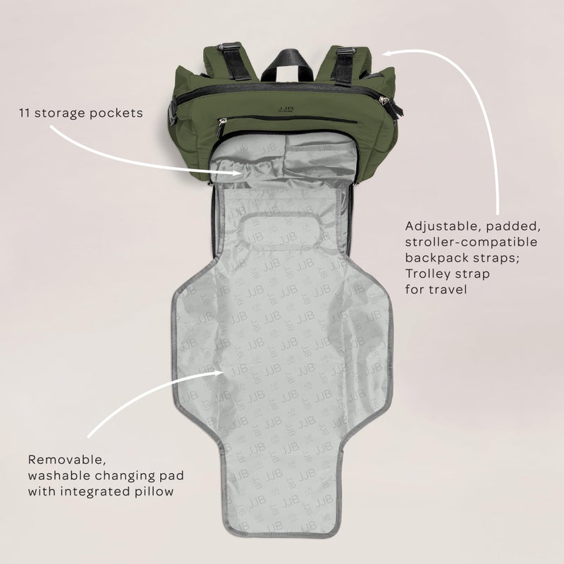 JuJuBe JJB by JuJuBe Modern Diaper Bag Backpack with Portable Changing Pad, Stroller Straps, Large Travel Backpack for Boy or Girl, Carrying Baby Bottles, Wipes, Diapers, Pacifiers, Olive, Mother's Day Gift - Image 4