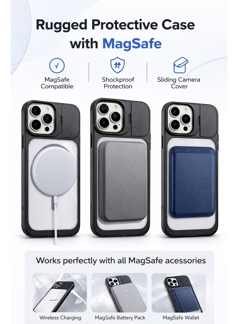 في آر كرييتيف غطاء حماية متين MagSafe لهاتف آبل iPhone 16 Pro Max مع غطاء كاميرا منزلق، تصميم مقاوم للصدمات، متوافق مع الشحن اللاسلكي – أسود - Image 2