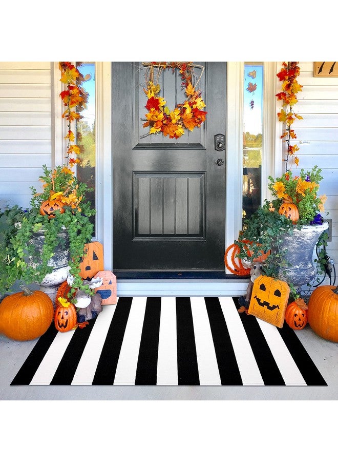 KILOCOCO Black White Striped Rug - 3'X5' Front Door Mat Outdoor, Welcome Mats Rugs Outdoor, Cotton Washable Front Porch Rug Layered Doormats for Porch/Farmhouse/Entryway - Image 1