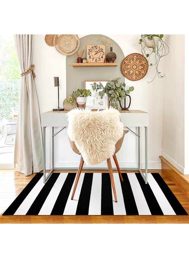 KILOCOCO Black White Striped Rug - 3'X5' Front Door Mat Outdoor, Welcome Mats Rugs Outdoor, Cotton Washable Front Porch Rug Layered Doormats for Porch/Farmhouse/Entryway - Image 2