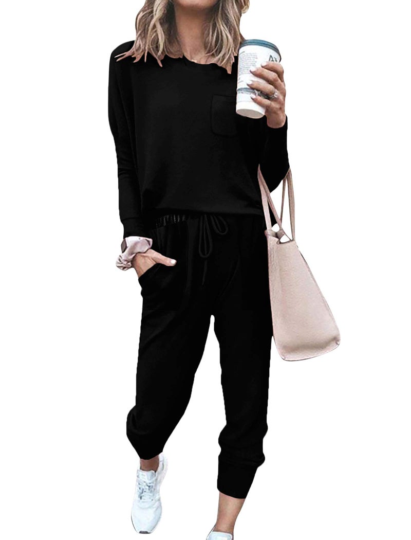 Bofell Two Piece Sets for Women Fall Clothing Lounge Sets Airplane Outfits 2025 2 Piece Sweatsuit Sets Sweatpants Workout Black M - Image 1