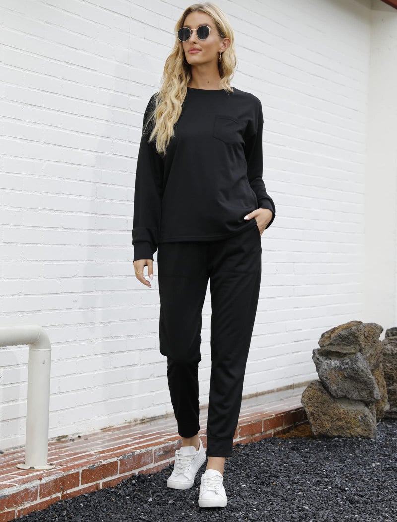 Bofell Two Piece Sets for Women Fall Clothing Lounge Sets Airplane Outfits 2025 2 Piece Sweatsuit Sets Sweatpants Workout Black M - Image 2