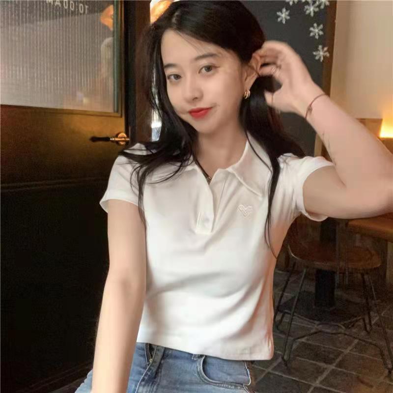 Cotton Korean-Style Slim-Fit Love Embroidered Polo Collar Short-Sleeved T-Shirt Spice Girl Style Short Top Summer - Image 2