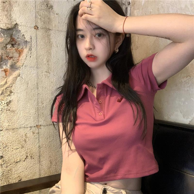 Cotton Korean-Style Slim-Fit Love Embroidered Polo Collar Short-Sleeved T-Shirt Spice Girl Style Short Top Summer - Image 3