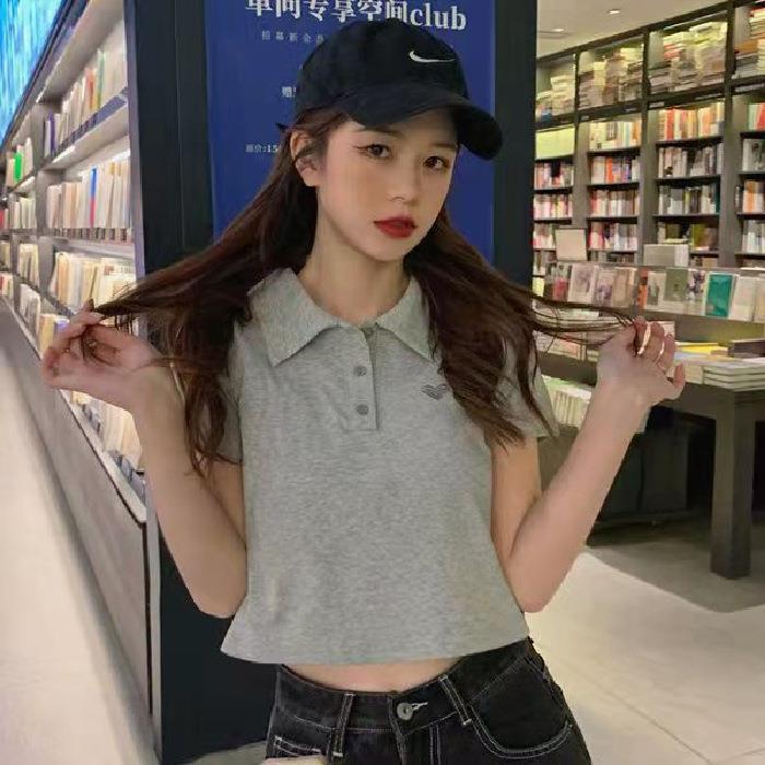 Cotton Korean-Style Slim-Fit Love Embroidered Polo Collar Short-Sleeved T-Shirt Spice Girl Style Short Top Summer - Image 1