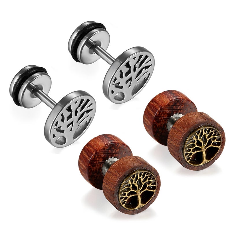 Cupimatch Womens Mens Earrings, 2 Pairs Stainless Steel Wood Tree Hoop Earrings Studs Set for Valentine's Day