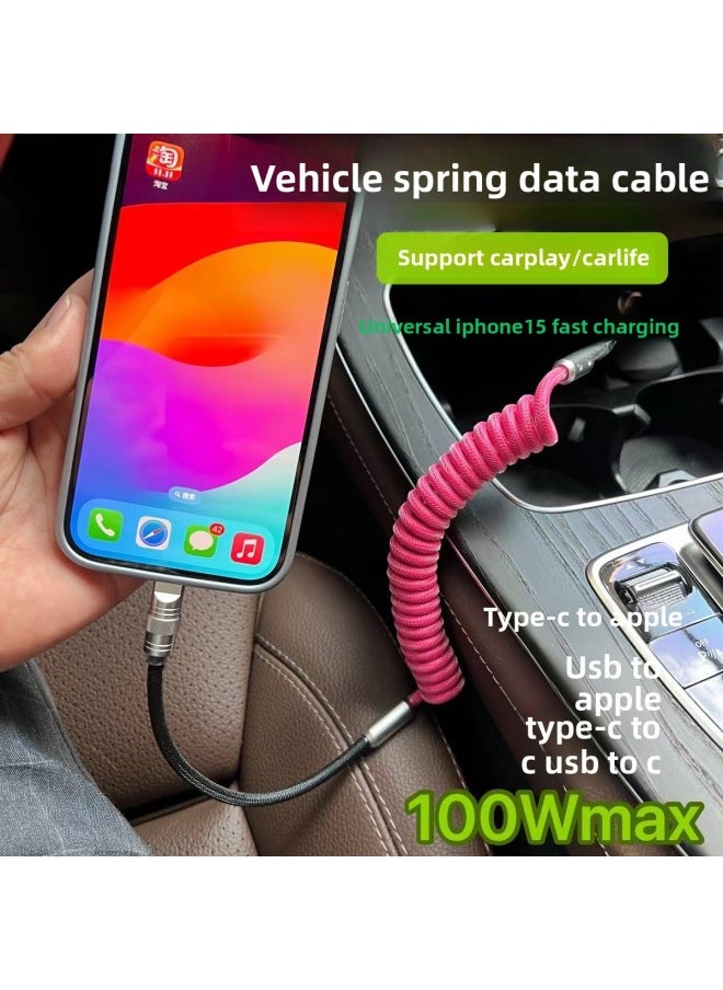 Car Contrast Color Spring Wire PD100W Suitable For Huawei For Iphone 15carplay29W Fast Charge Data Charging Cable-Color:USB To For Iphone 12W-Model:Fishing Net Spring Line [Plum Red + Black] Black Shell