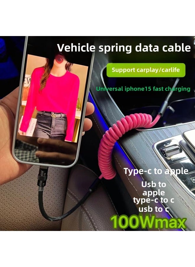 Car Contrast Color Spring Wire PD100W Suitable For Huawei For Iphone 15carplay29W Fast Charge Data Charging Cable-Color:USB To For Iphone 12W-Model:Fishing Net Spring Line [Plum Red + Black] Black Shell