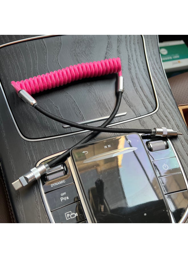 Car Contrast Color Spring Wire PD100W Suitable For Huawei For Iphone 15carplay29W Fast Charge Data Charging Cable-Color:USB To For Iphone 12W-Model:Fishing Net Spring Line [Plum Red + Black] Black Shell