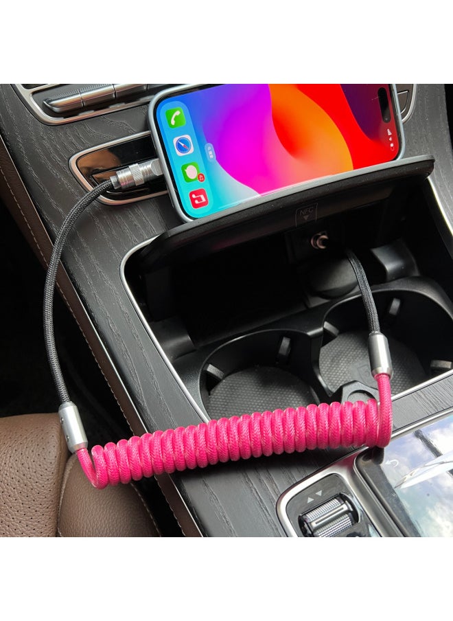 Car Contrast Color Spring Wire PD100W Suitable For Huawei For Iphone 15carplay29W Fast Charge Data Charging Cable-Color:USB To For Iphone 12W-Model:Fishing Net Spring Line [Plum Red + Black] Black Shell