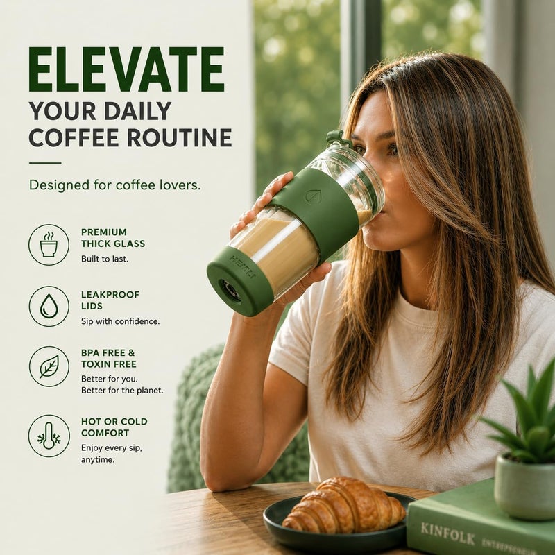 Hemli 19 oz. Clear Double Wall Glass Coffee Tumbler, To Go Glass Travel Mug with Lid and Straw, Reusable Cup Tea, Smoothies, Ice Coffee, and Boba - Image 3
