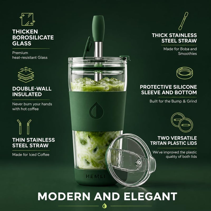 Hemli 19 oz. Clear Double Wall Glass Coffee Tumbler, To Go Glass Travel Mug with Lid and Straw, Reusable Cup Tea, Smoothies, Ice Coffee, and Boba - Image 2