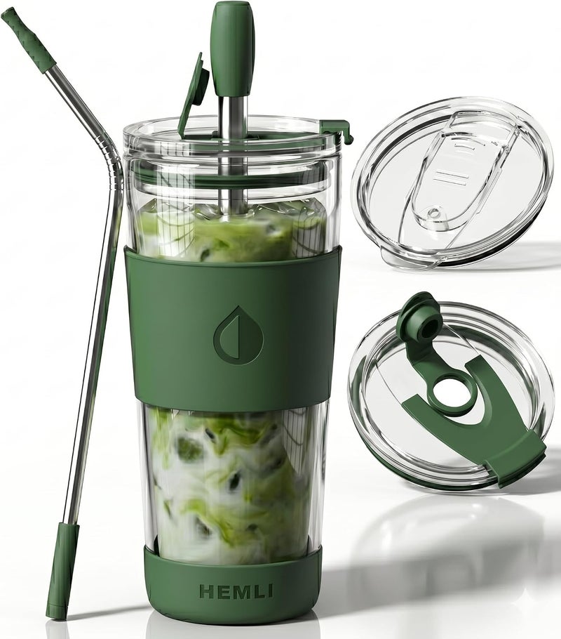 Hemli 19 oz. Clear Double Wall Glass Coffee Tumbler, To Go Glass Travel Mug with Lid and Straw, Reusable Cup Tea, Smoothies, Ice Coffee, and Boba - Image 1