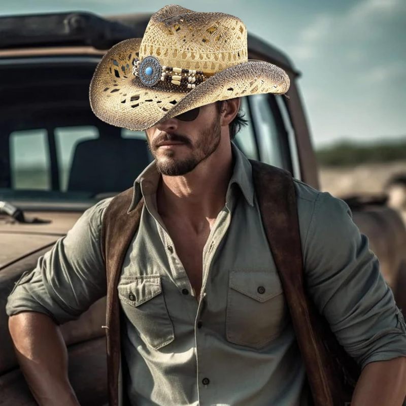 Straw Cowboy Hat: Beige Shapeable Brim - Decorative Band Straw Cowgirl Hat for Western Fashion, Beach, Outdoor Sun Protection - Image 4
