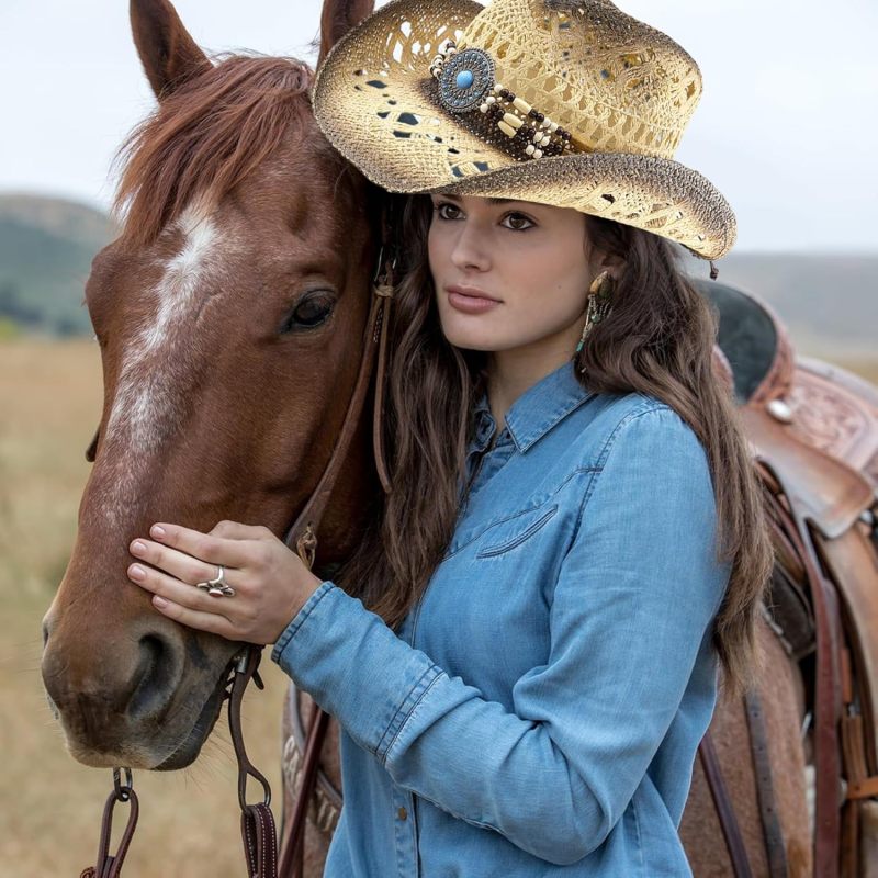 Straw Cowboy Hat: Beige Shapeable Brim - Decorative Band Straw Cowgirl Hat for Western Fashion, Beach, Outdoor Sun Protection - Image 5