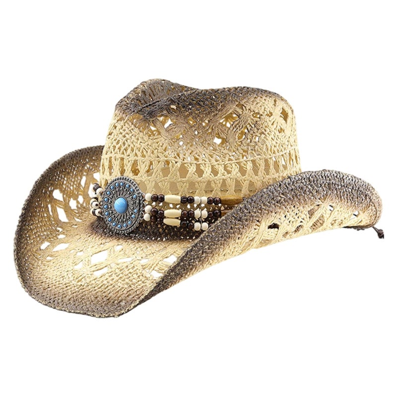 Straw Cowboy Hat: Beige Shapeable Brim - Decorative Band Straw Cowgirl Hat for Western Fashion, Beach, Outdoor Sun Protection - Image 1