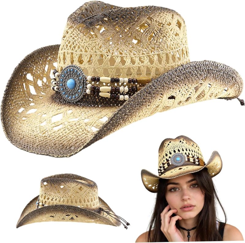 Straw Cowboy Hat: Beige Shapeable Brim - Decorative Band Straw Cowgirl Hat for Western Fashion, Beach, Outdoor Sun Protection - Image 3