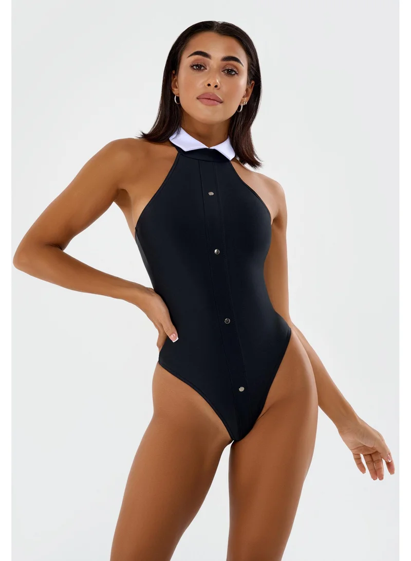 Bona Fide Play Girl Black Halter Neck Gym Bodysuit for Women | Best Price UAE
