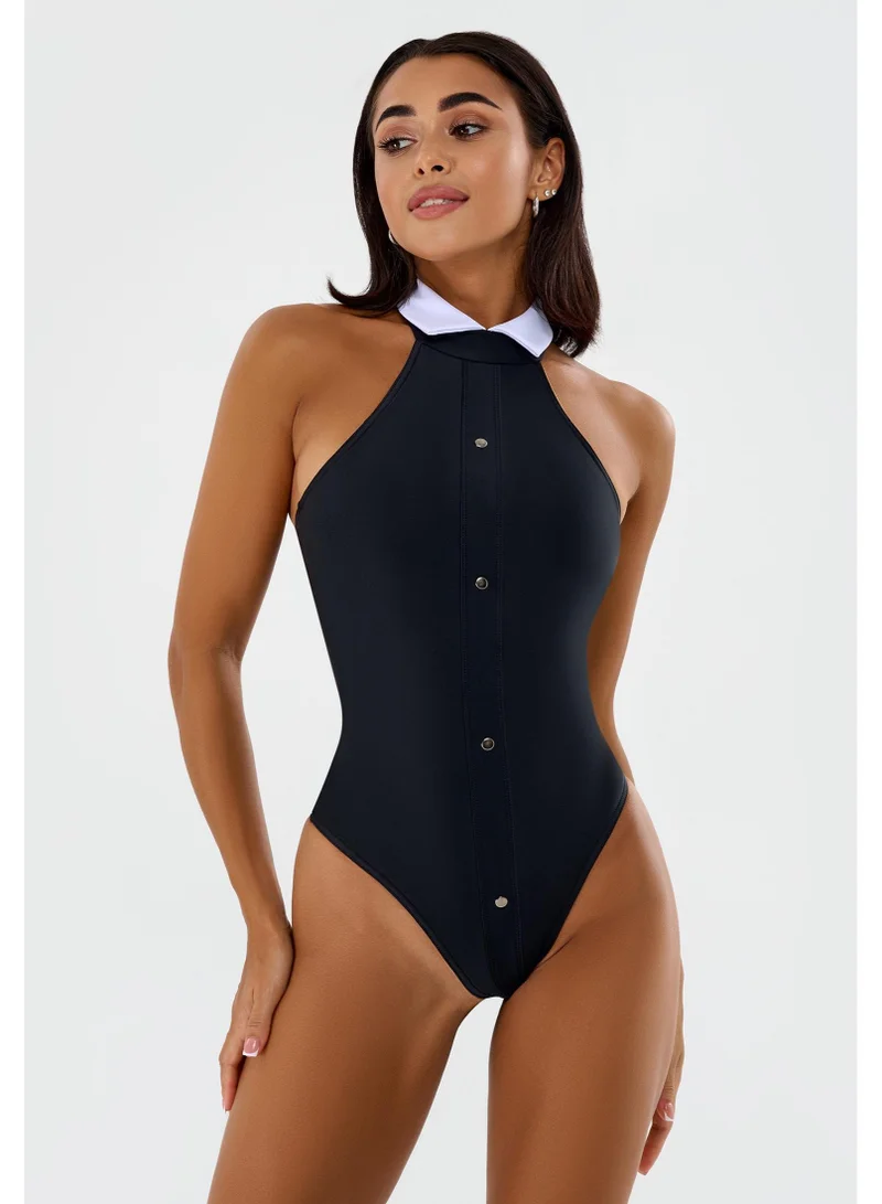 Bona Fide Play Girl Black Halter Neck Gym Bodysuit for Women | Best Price UAE