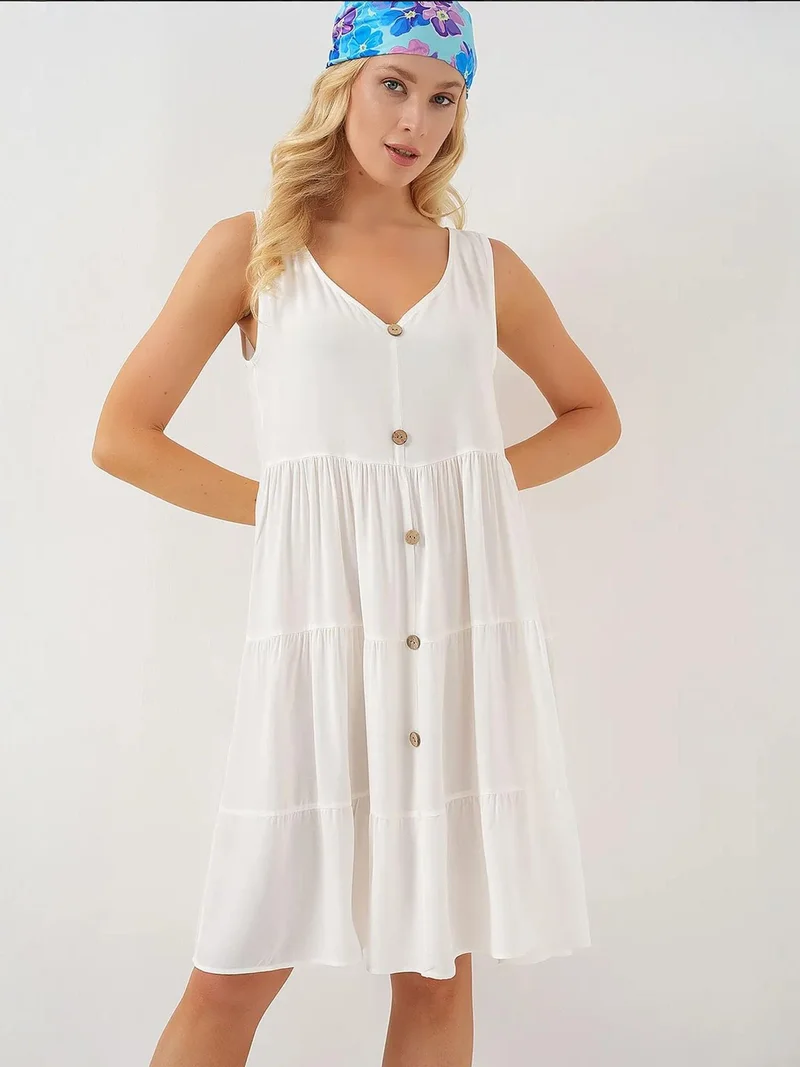 بيغ دارت BDART V-Neck Sleeveless Mini Dress with Button Detail