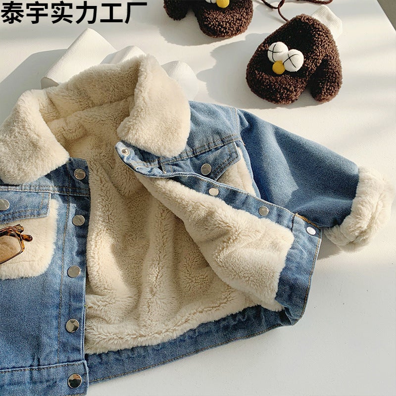 Children'S Fleece-Lined Thickened Denim Coat Western Style 2021 Winter New Girls' Korean Style Jeans Boys' Baby Trendy - Image 2