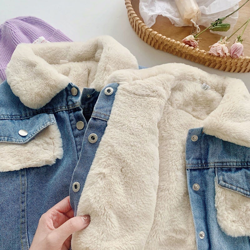 Children'S Fleece-Lined Thickened Denim Coat Western Style 2021 Winter New Girls' Korean Style Jeans Boys' Baby Trendy - Image 4
