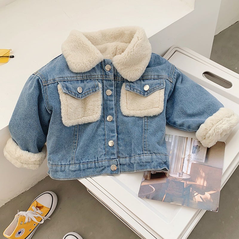 Children'S Fleece-Lined Thickened Denim Coat Western Style 2021 Winter New Girls' Korean Style Jeans Boys' Baby Trendy - Image 3