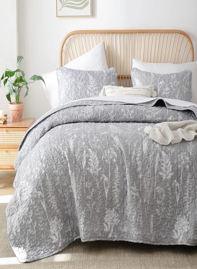 JANZAA Quilts Queen Size Bed Spread Botanical 3 Pieces Quilts Queen Size Sets with Floral Pattern Lightweight Microfiber Bedding Reversible 1 Quilt Queen Size and 2 Pillow Cases-Grey - Image 5
