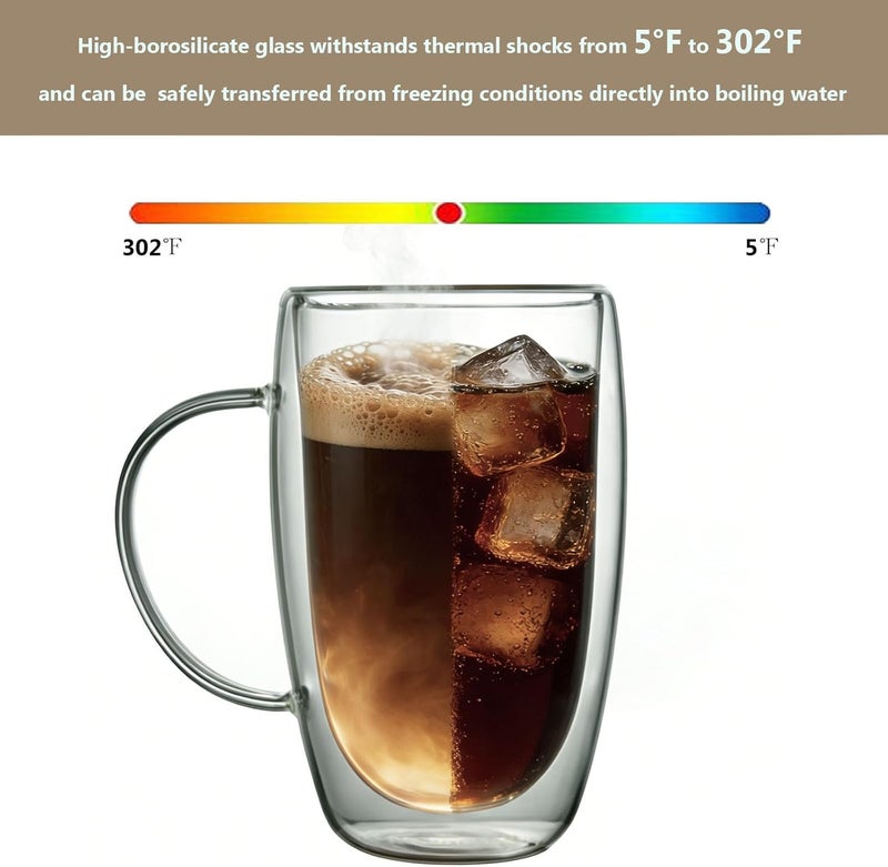 DINGPAI DINGPAl 15 oz Double Walled Glass Coffee Mugs, Set of 4 Large Double Wall Layer Coffee Mug Insulated Borosilicate Glass Cups with Handle and Spoon for Latte, Cappuccino, Espresso, Americano - Image 5