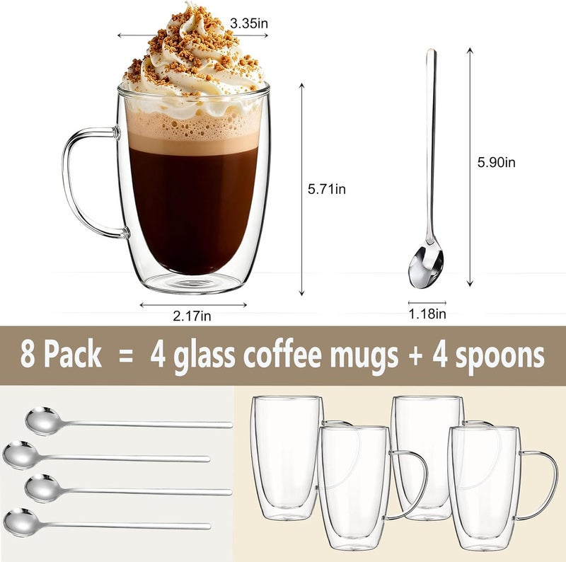 DINGPAI DINGPAl 15 oz Double Walled Glass Coffee Mugs, Set of 4 Large Double Wall Layer Coffee Mug Insulated Borosilicate Glass Cups with Handle and Spoon for Latte, Cappuccino, Espresso, Americano - Image 2