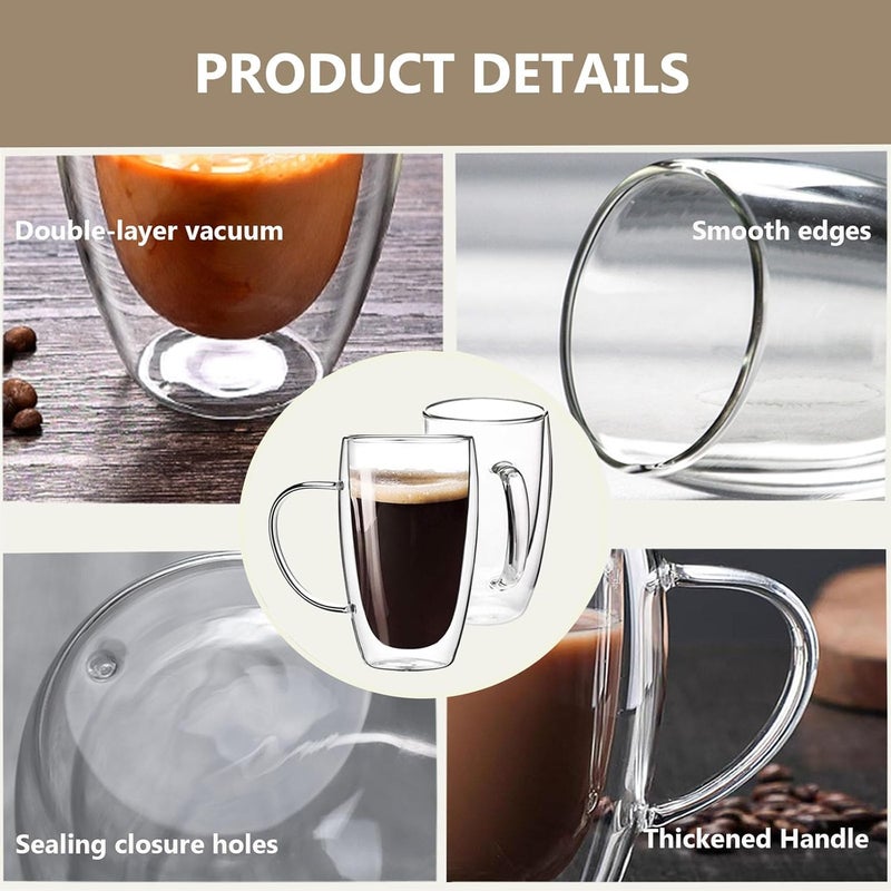 DINGPAI DINGPAl 15 oz Double Walled Glass Coffee Mugs, Set of 4 Large Double Wall Layer Coffee Mug Insulated Borosilicate Glass Cups with Handle and Spoon for Latte, Cappuccino, Espresso, Americano - Image 3