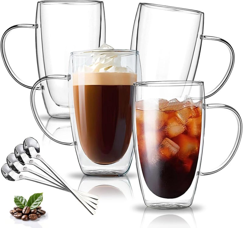 DINGPAI DINGPAl 15 oz Double Walled Glass Coffee Mugs, Set of 4 Large Double Wall Layer Coffee Mug Insulated Borosilicate Glass Cups with Handle and Spoon for Latte, Cappuccino, Espresso, Americano - Image 1