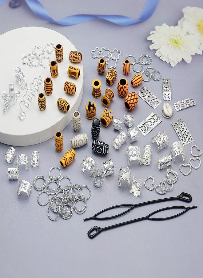 Fscwlmon 235 Pcs Hair Jewelry Hair Charms for Women Braids,Loc Jewelry for Hair Dreadlocks,Accessories Hair Decoration Cuffs Coils Rings Hair Beads Shell Pendants Wood-Like Beads for Women Men Silvery - Image 4