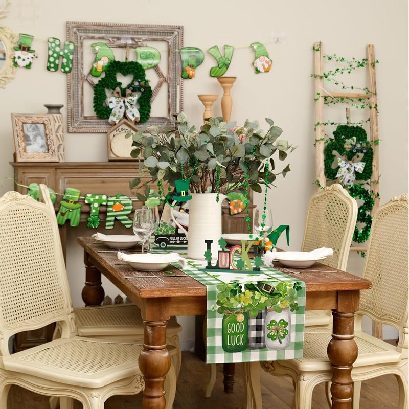 GEEORY St. Patrick's Day Table Runner 13 x 72 Inch, Shamrocks Plaid Mason Jar Decorative Holiday Table Decoration for Kitchen Dinning, Indoor Outdoor Dinner Party DÃ©cor GT142-72 - Image 5