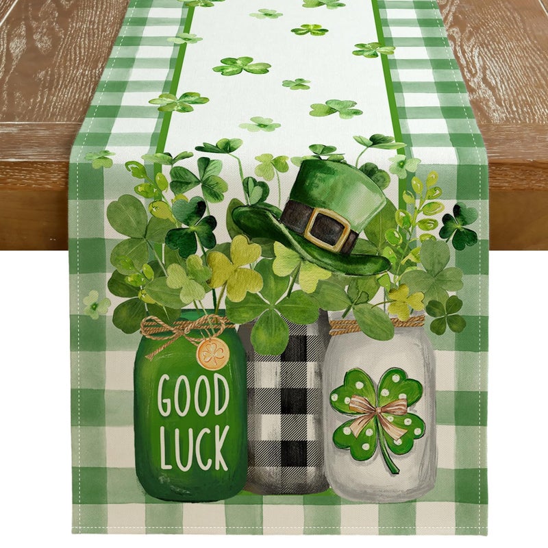 GEEORY St. Patrick's Day Table Runner 13 x 72 Inch, Shamrocks Plaid Mason Jar Decorative Holiday Table Decoration for Kitchen Dinning, Indoor Outdoor Dinner Party DÃ©cor GT142-72 - Image 1
