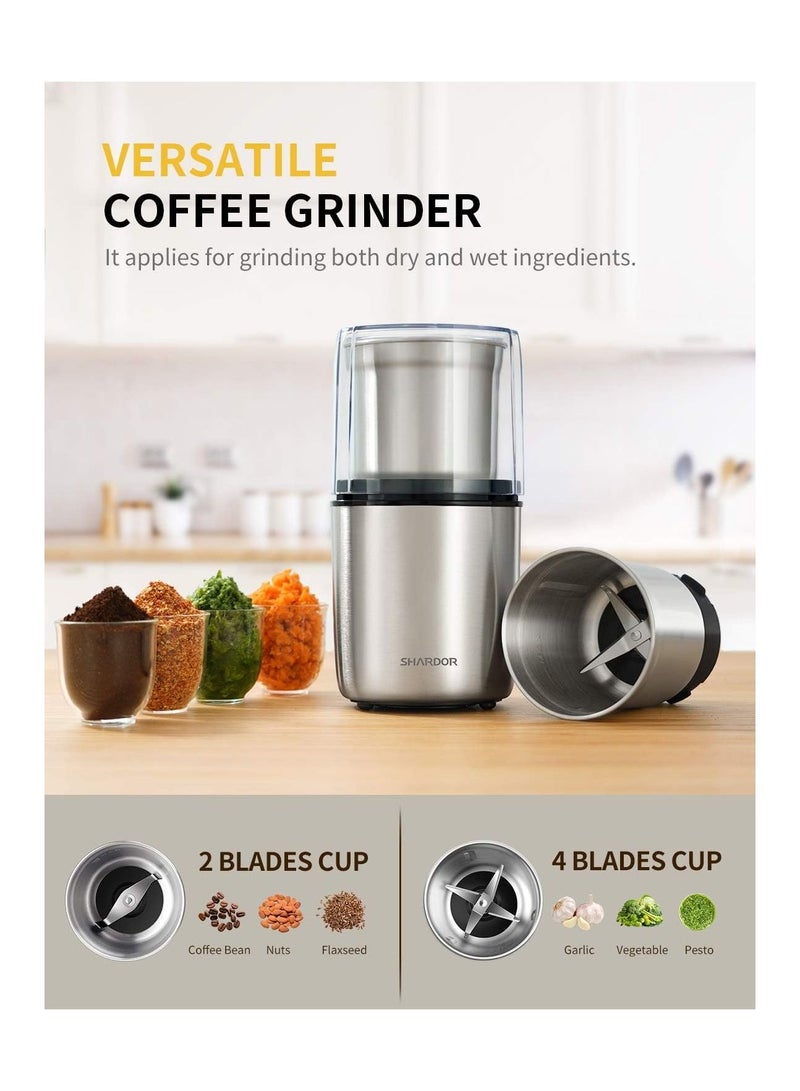 SHARDOR Electric Coffee Grinder with 2 Removable Stainless Steel Bowls (Silver) - Image 3
