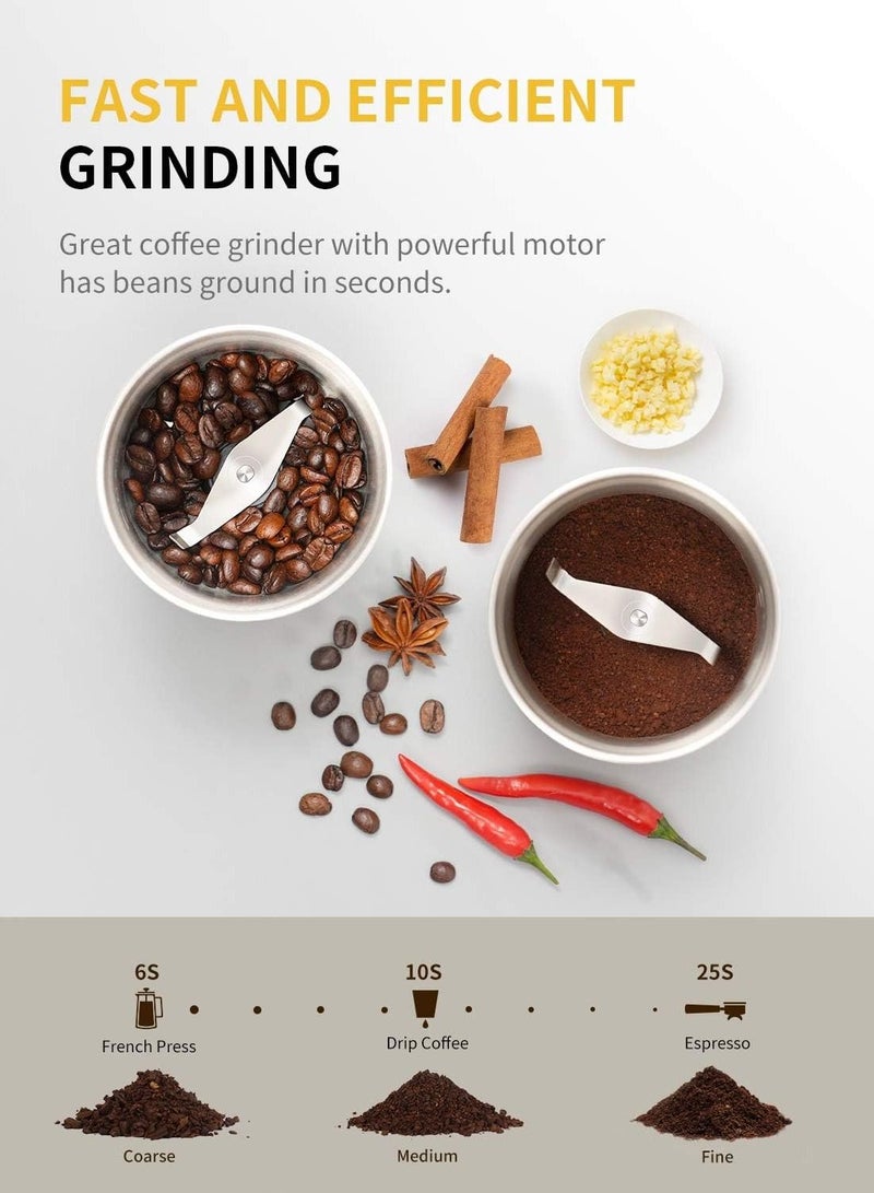 SHARDOR Electric Coffee Grinder with 2 Removable Stainless Steel Bowls (Silver) - Image 5