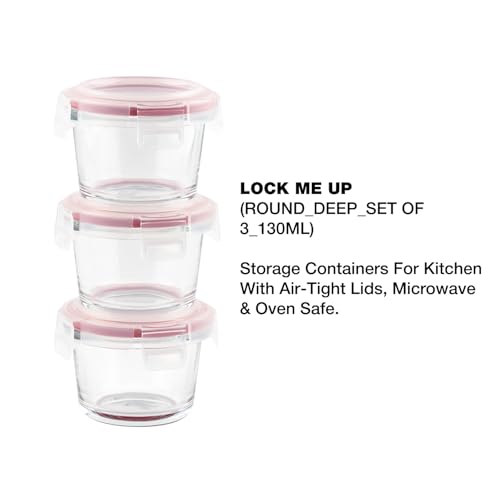 DUBBLIN Lock Me Up Glass Heat Resistant Borosilicate Glass Container Set of 3, 130ml - Round, Clear | Oven, Freezer & Microwave Safe Storage Solution (3 Piece) - Image 2