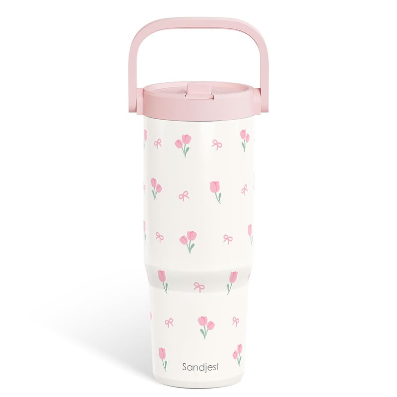 Sandjest Tulip Stainless Steel Straw Lid Tumbler 30Oz With Carry Handle For Women Girls  Insulated Travel Coffee Cup  Gift For Sports Workout Christmas Birthday - Image 1