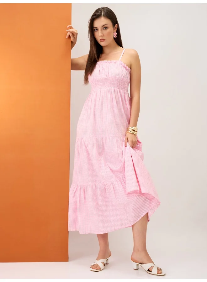 globus Women Pink Checkered Square Neck Strappy Sleeves Smocked Tiered Fit & Flare Maxi Dress